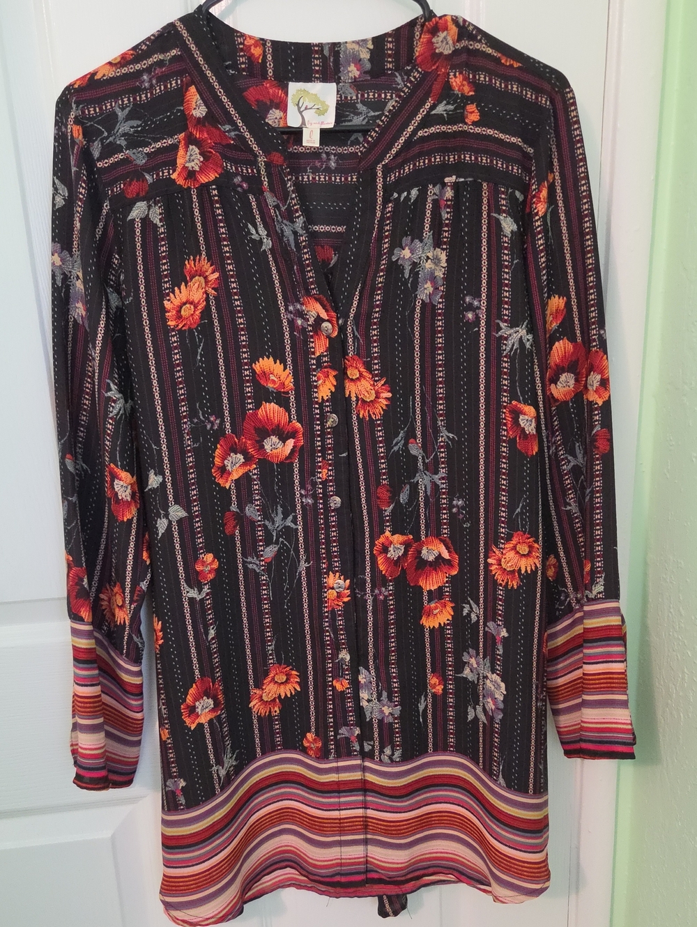 fig and flower Floral Button-Front Tunic Long Tie Back Large Flowy